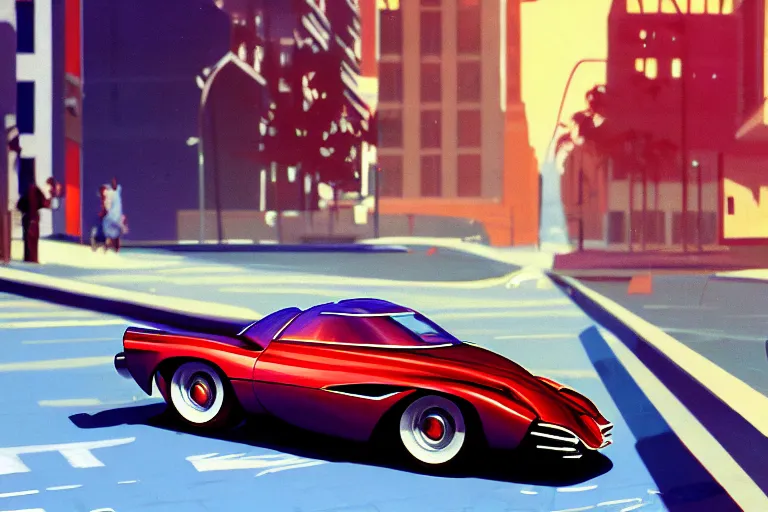 Prompt: closeup low angle photo 1 9 5 4 lincoln futura on a city street, gta 5, hyper detailed, smooth, high contrast, volumetric lighting, octane, jim lee, giorgetto giugiaro, craig mullins, chris bangle, ian callum!, vibrant rich deep color, comic book