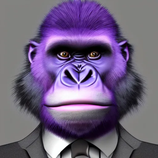 Prompt: a digital artwork of a purple fur gorilla wearing a black suit, trending on artstation