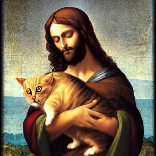 Prompt: jesus holding a cute cat, emotional, cute, powerful, digital art by leonardo da vinci