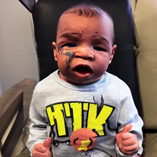 Image similar to a baby with the adult face of mike tyson, hyper realistic.