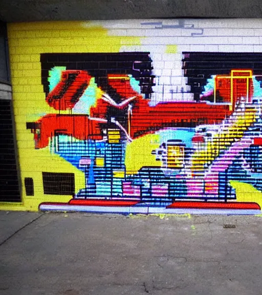 Prompt: graffiti street art pixelart retro videogames from the 8 0 s, streetview