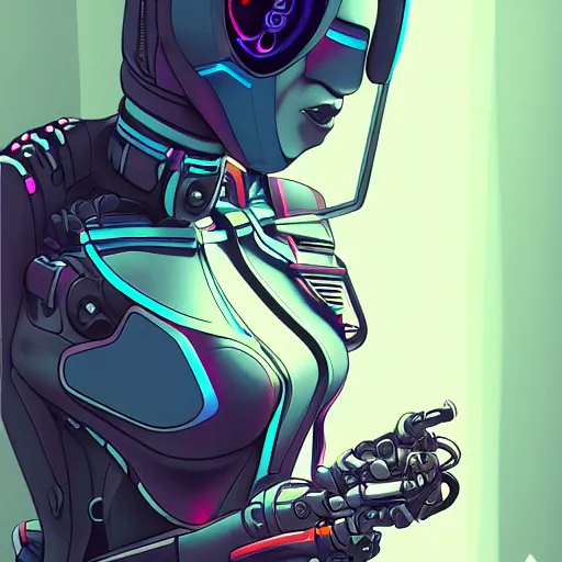 Prompt: cyberpunk robotic esther povitsky, sharp lines, digital, artstation, colored in