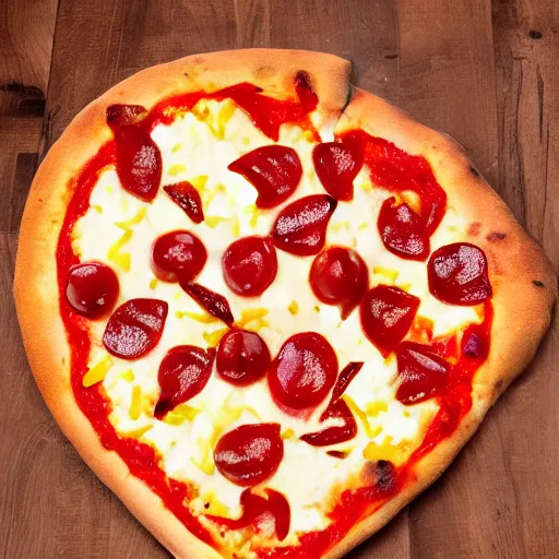 Image similar to heart shaped magerhita pizza with alot of cheese, 4 - 5 cherry tomata served on a wooden plate