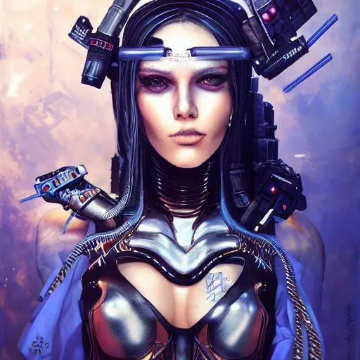 Image similar to a full body beautiful woman wearing a cyberpunk outfit by karol bak, ayami kojima, artgerm, sakimichan, hr giger, blue eyes, weapons, electronics, high tech, cyber wear, latex dress, bandage, concept art, fantasy, cyberpunk