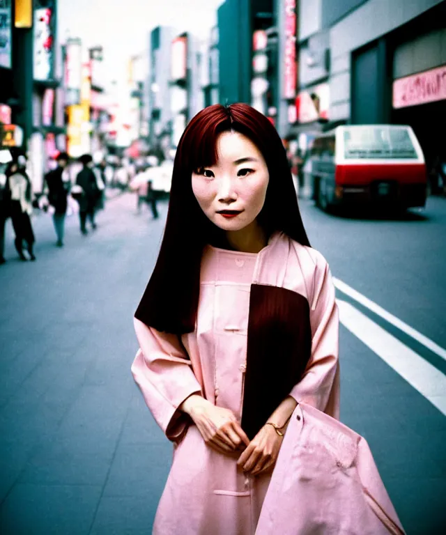 Image similar to a portrait, street photograph shot on cinestill 5 0 d, a cute japanese woman in nineties fashion with modest make up, hair dyed to a hazelnut brown, shot in shibuya tokyo on a 3 5 mm at f / 2. 8 and 1 / 1 2 0 0 shutter speed, print magazine quality, nostalgia, 8 k