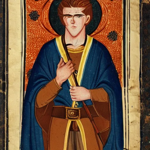 Image similar to clean shaven 1 9 year old young man with auburn hair and lots of freckles, regal hero of byzantium, illuminated manuscript, 2 d, good, moody lighting, medieval parchment, elegant, ornate