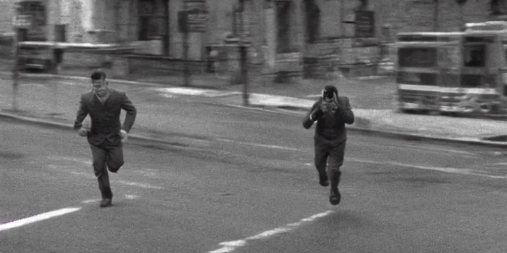 Image similar to a person running away, cinematic, atmospheric, cinematography by gordon willis, realistic