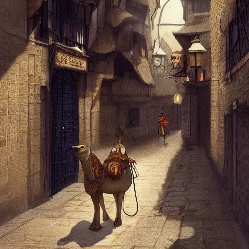 Image similar to A cute mouse riding a camel through a narrow street full of pubs in Victorian London, digital art, trending on Artstation