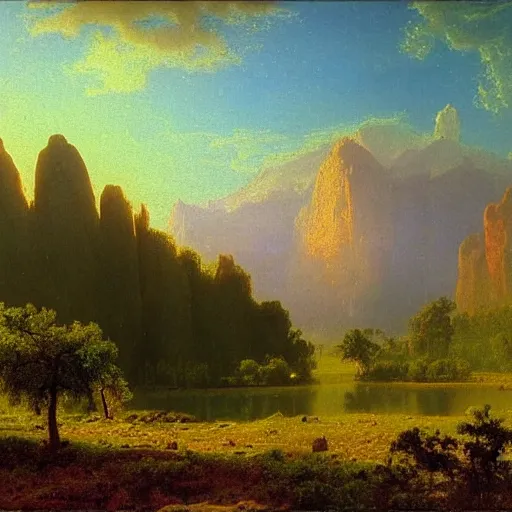 Prompt: scenic landscape of a valley at dawn, Albert Bierstadt, inspiring, realistic painting