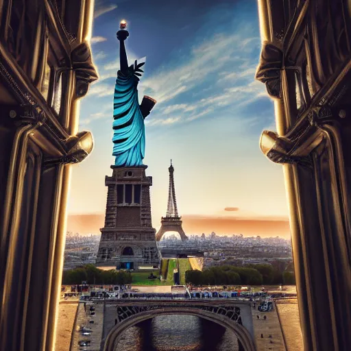 Image similar to Big city, The Statue of Liberty, Eiffel Tower, London Big Ben, photorealism, wide angle, concept art, cinematic atmosphere, elaborate, highly detailed, ornate, shiny, dramatic lighting, octane render, 4k, by Peter Kemp