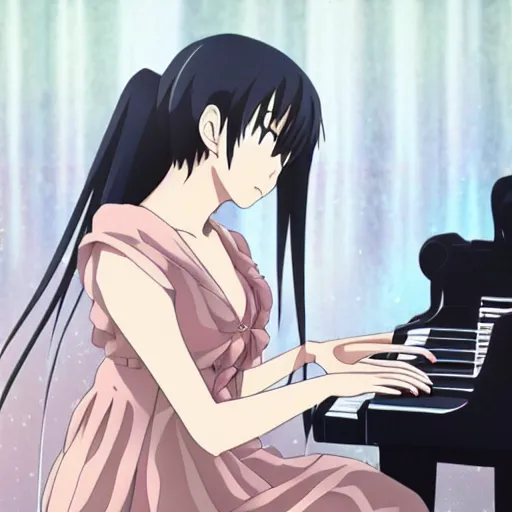 Prompt: anime key visual, a woman playing the piano with emotion, perspective piece