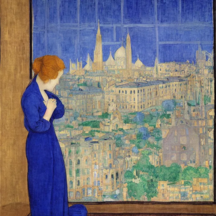 Image similar to portrait of woman in night gown with cat with city with gothic cathedral seen from a window frame with curtains. lapis - lazuli, malacchite, turquoise, indigo. piero della francesca, bonnard, henri de toulouse - lautrec, utamaro, matisse, monet, audubon