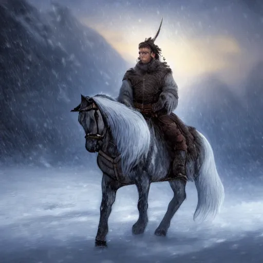Prompt: A Nordic warrior on horseback in the snowy mountains during a snowstorm, fantasy, medieval, highly detailed, Artstation
