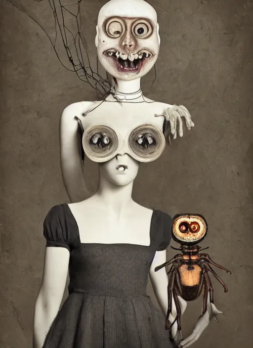 Image similar to surreal portrait of a creature with the body of a headless 1950's school-girl dress wearing mannequin and whose head is a giant big-eyed tarantula, inspired by Mark Ryden and Marion Peck, hints of Cronenberg and Hellraiser