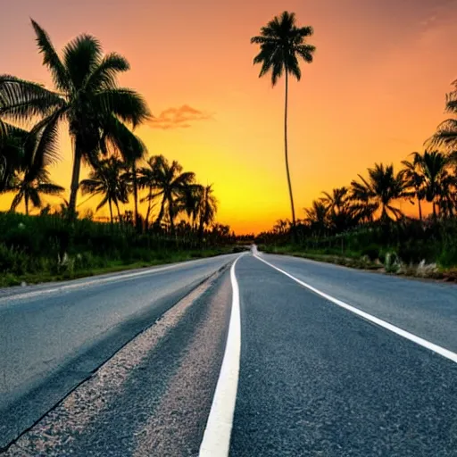 Prompt: A beautiful road with Palm trees on each side, sunset