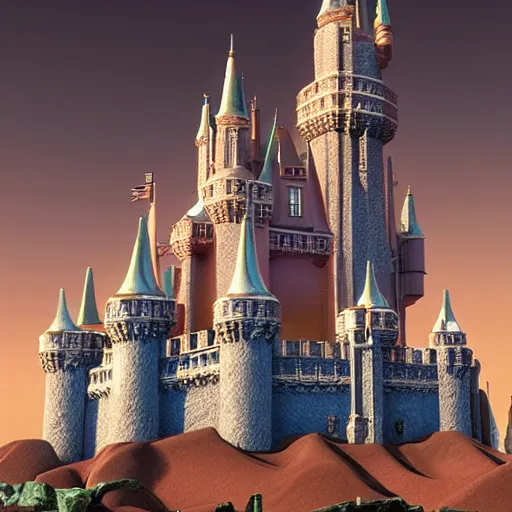 Prompt: the disney castle built on the mars, dark sky, fantasy, unreal engine