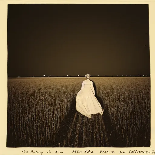 Prompt: the lonely bride in the wheat field at night, southern gothic, photograph by diane arbus, bayou - c 7. 0