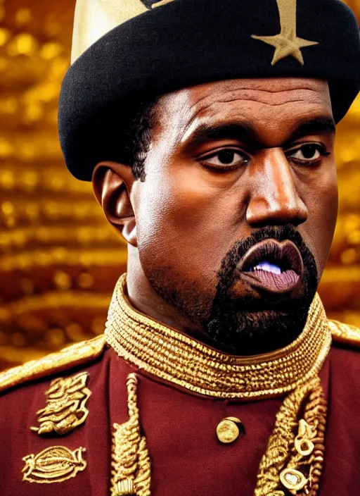 Image similar to kanye west as muammar kadhafi and emperor napoleon, splash art, movie still, detailed face, cinematic lighting, dramatic, octane render, long lens, shallow depth of field, bokeh, anamorphic lens flare, 8 k, hyper detailed, 3 5 mm film grain