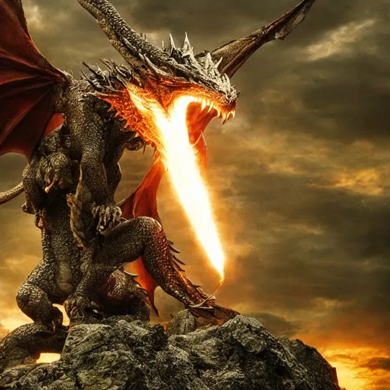 Prompt: The head of an angry dragon, breathing fire, sitting on a rock, at night. Still from Lord of the Rings - The Hobbit.