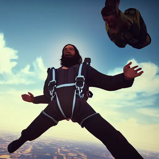 Prompt: portrait of jesus skydiving, gta artstyle, wide shot, dramatic lighting, octane render, hyperrealistic, high quality, highly detailed, HD, beautiful, cinematic, 8k, unreal engine, facial accuracy, anatomical accuracy, symmetrical