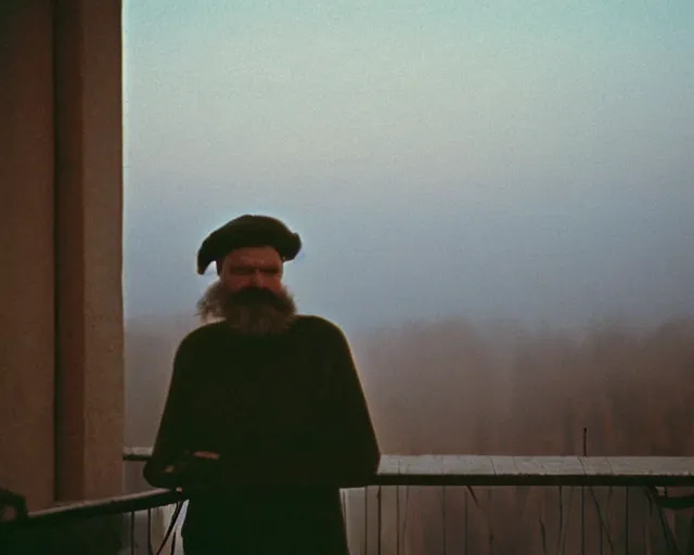 Image similar to award - winning lomographic tarkovsky film still of 4 0 years russian man with beard and sweater standing on small hrushevka 9 th floor balcony in taiga looking at sunset, cinestill, bokeh