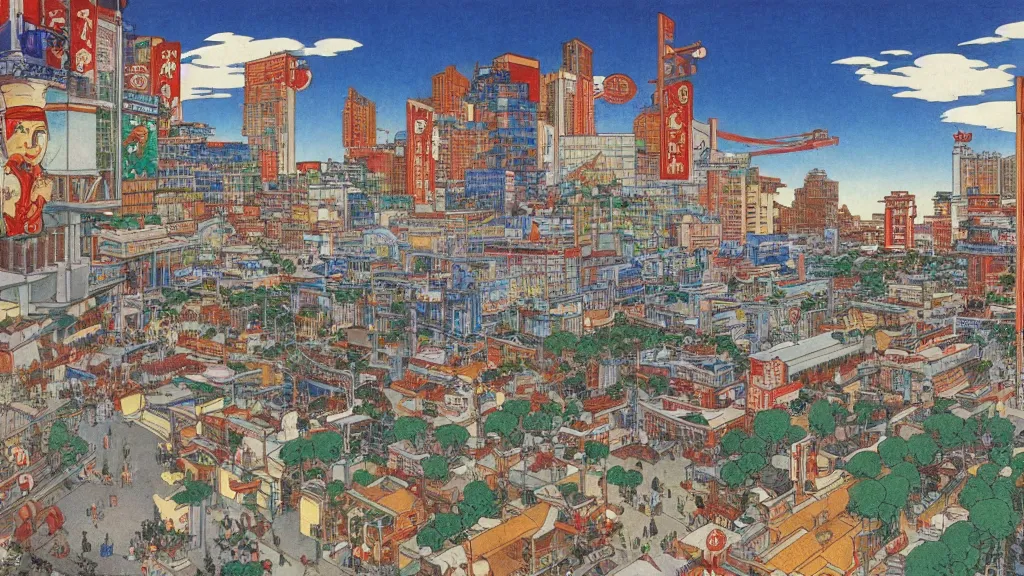 Image similar to Jollibee City, cityscape, wide shot, illustration, by Moebius, Renoir, Hokusai