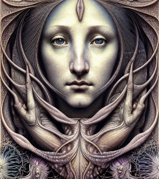 Prompt: detailed realistic beautiful fish goddess face portrait by jean delville, gustave dore, iris van herpen and marco mazzoni, art forms of nature by ernst haeckel, art nouveau, symbolist, visionary, gothic, neo - gothic, pre - raphaelite, fractal lace, intricate alien botanicals, ai biodiversity, surreality, hyperdetailed ultrasharp octane render