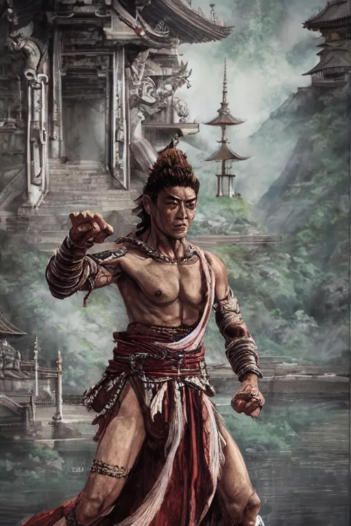Prompt: male human fantasy monk dnd character concept, face like Mark Dacascos and Irrfan Khan, final fantasy 14 tribal clothes, full-body illustration with martial arts pose, standing in front of a fantasy temple on the background, intricate complexity, wide shot, embossed weathered martial arts plain white background 5e artwork painting by aleksi briclot hard edge painting concept art digital art realistic
