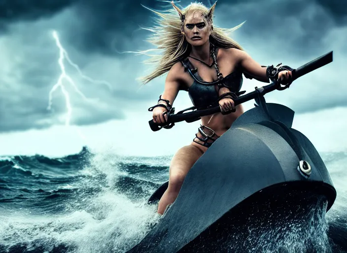 Image similar to dramatic photo of viking women with weapons riding on jet skis, wearing skin - tight futuristic valkerie bikinis, rough seas in background, lightning storms, water world, mad max, hyper - realistic, highly detailed, accurate, 8 k octane render, 2 8 mm, wide angle, rule of thirds