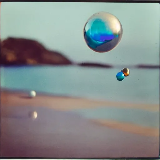 Prompt: a pastel colour high fidelity Polaroid art photo from a holiday album at a seaside with abstract inflatable parachute furniture ((and spheres)), all objects made of transparent iridescent Perspex and metallic silver, no people, iridescence, nostalgic