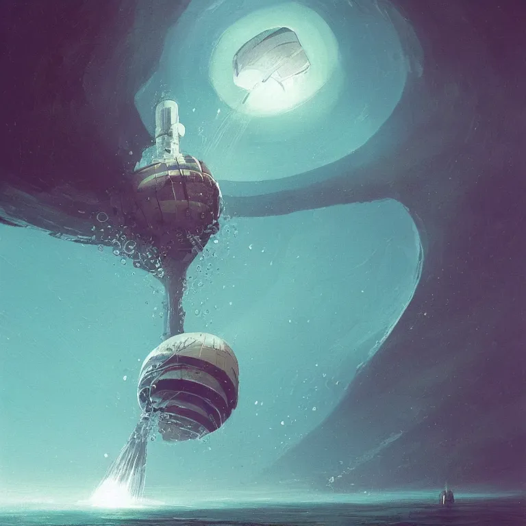 Image similar to round mechanical spaceship nautilus dripping wet emerging from a the ocean, launching to space, big booster rocket engines, sci - fi concept art, by john harris, by simon stalenhag, stunning, award winning