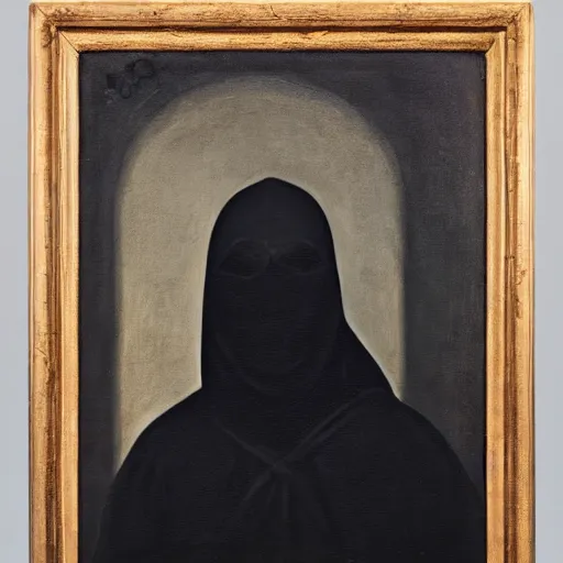 Image similar to a portrait of a man wearing black hood and robes, shadows covering face, ominous, dark, oil painting