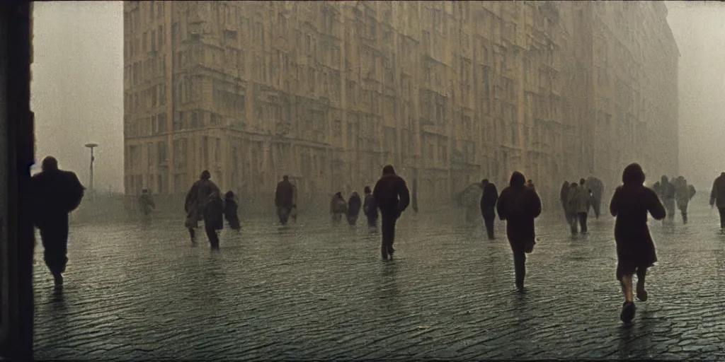 Image similar to detailed medium format photo, polaroid still from tarkovsky movie, people running on wet street by buildings in city, haze, high production value, intricate details, 8 k resolution, hyperrealistic, hdr, photorealistic, high definition, technicolor, award - winning photography, masterpiece, amazing colors