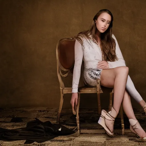 Prompt: alycia debnam-carey sitting on chair posing for photo, award winning photography, HDR, studio lighting, dynamic pose, medium close shot, shot on Canon EOS R5, f/1.8,