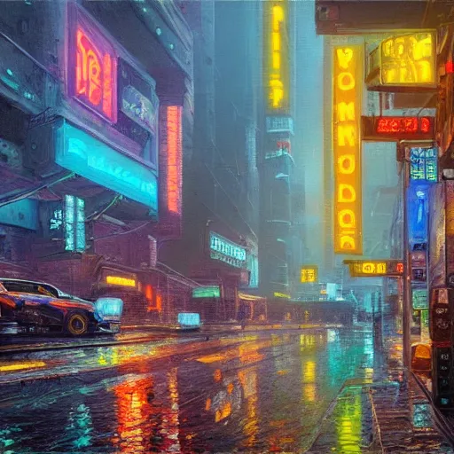 Image similar to an impressionist oil painting of a cyberpunk dystopian city with a lot of neon signs