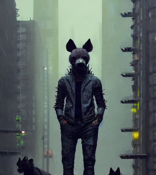 Image similar to new york city portrait of furry anthro anthropomorphic spotted hyena head animal person fursona wearing clothes strange cybernetic muzzle gloomy rainy screenshot from the video game cyberpunk 2077 digital art by Greg Rutkowski, Simon Stalenhag, christopher nolan trending on Artstation, CGSociety