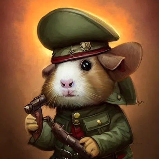 Image similar to cute little anthropomorphic Guinea Pig ww1 soldier, tiny, small, short, military outfit, cute and adorable, pretty, beautiful, DnD character art portrait, matte fantasy painting, DeviantArt Artstation, by Jason Felix by Steve Argyle by Tyler Jacobson by Peter Mohrbacher, cinema