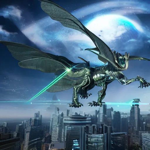 Prompt: a giant silver cyberdragon flies above a cybercity and shoots a laser out of its eyes