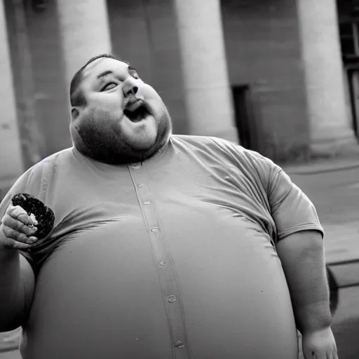 Prompt: a fat man eating a bagel while seagulls yell at him, award winning photograph, 8k,