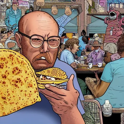 Prompt: a man eating a taco by geof darrow, detailed, realistic shading