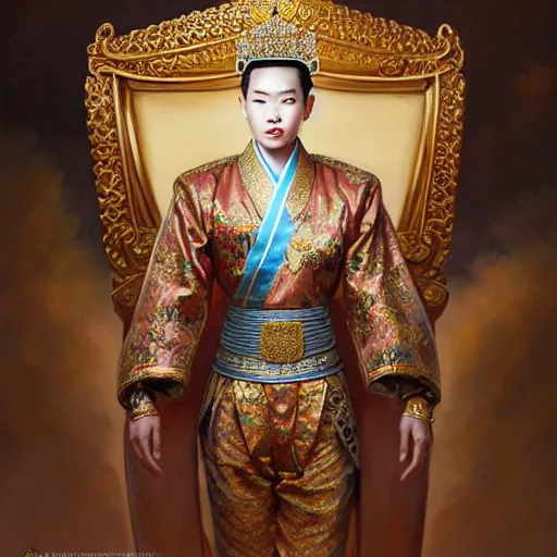 Prompt: pretty korean male dressed as king ramkhamhaeng of sukhothai, intricate, highly detailed, centered, digital painting, artstation, concept art, smooth, sharp focus, illustration, artgerm, tomasz alen kopera, peter mohrbacher, donato giancola, joseph christian leyendecker, wlop, boris vallejo