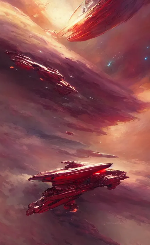 Image similar to a beautiful artwork illustration, a red metallic spaceship flying interstellar hyperdrive, by greg rutkowski and jesper ejsing and raymond swanland, featured on artstation, wide angle, vertical orientation