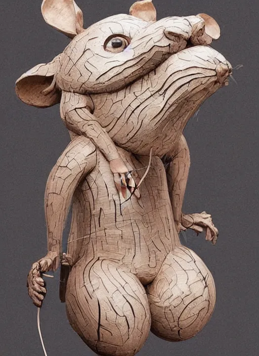 Image similar to sculpture of rat made of wood, portrait, female, future, wood, tree, harper's bazaar, vogue, magazine, insanely detailed and intricate, concept art, close up, ornate, luxury, elite, elegant, trending on artstation, by ruan jia, by Kenneth Willardt, by ross tran, by WLOP, by Andrei Riabovitchev,