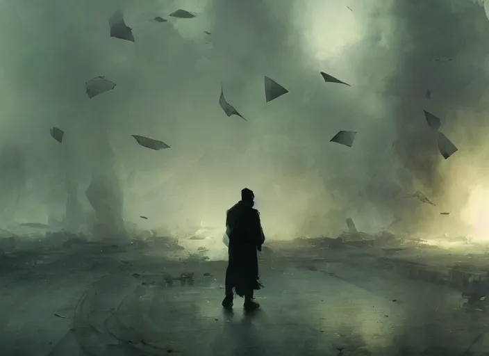 Image similar to the silhouette of a sad man looks at the destroyed and burning world, sheets of paper fly around volumetric lighting, digital painting, highly detailed, artstation, sharp focus, illustration, concept art, ruan jia, steve mccurry, amazing composition