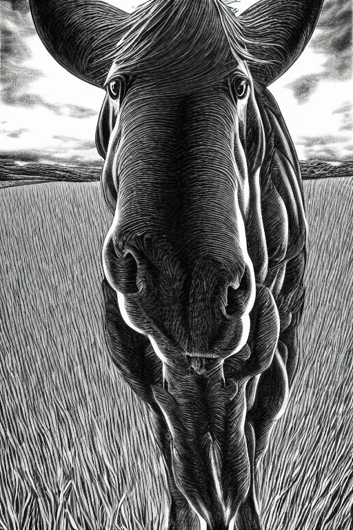 Image similar to horse in a field, symmetrical, highly detailed, digital art, sharp focus, trending on art station, kentaro miura manga art style