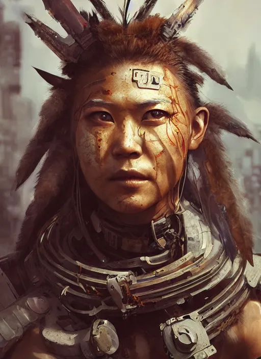 Image similar to hyper realistic photography portrait of postapocalyptic cyberpunk asian japanese cyborg tribal festival warrior amazon face cinematic, vallejo, craig mullins greg rutkowski, artstation, cgsociety