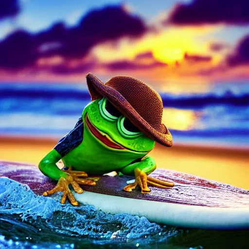 Image similar to a closeup photorealistic photograph of a cute pepe the frog on a surfboard surfing on the waves at sunset. surf in background. professional capture. brightly lit scene. this 4 k hd image is trending on artstation, featured on behance, well - rendered, extra crisp, features intricate detail, epic composition and the style of unreal engine