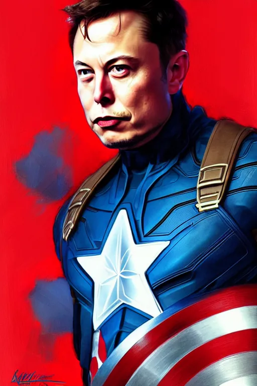 Image similar to elon musk as captain america, marvel character, portrait, highly detailed, digital painting, artstation, concept art, smooth, sharp focus, illustration, cinematic lighting, art by artgerm and greg rutkowski and alphonse mucha