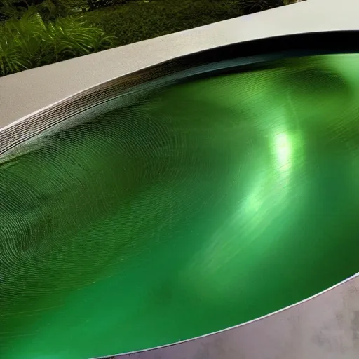 Image similar to swirling soft focus chrome liquid metal pools green, shining, smooth curves, liquidmetal, translucent, hologram