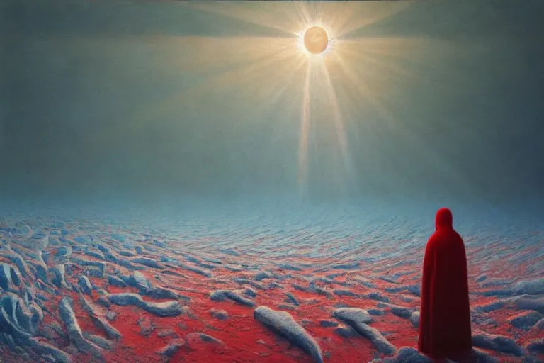 Prompt: a painting of a surreal frozen landscape, winter sun, light beams, by zdzisław beksibnski, sharp focus, red color scheme, a matte painting by li shida, cgsociety, context art, redshift, matte painting, reimagined by industrial light and magic